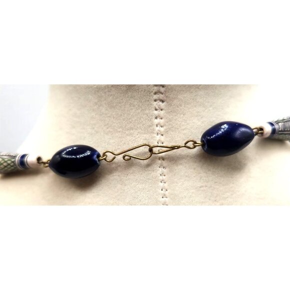 Antique Vintage Beaded Necklace Hand Painted Wired Wire Work 19” Cobalt Blue - Picture 2 of 4